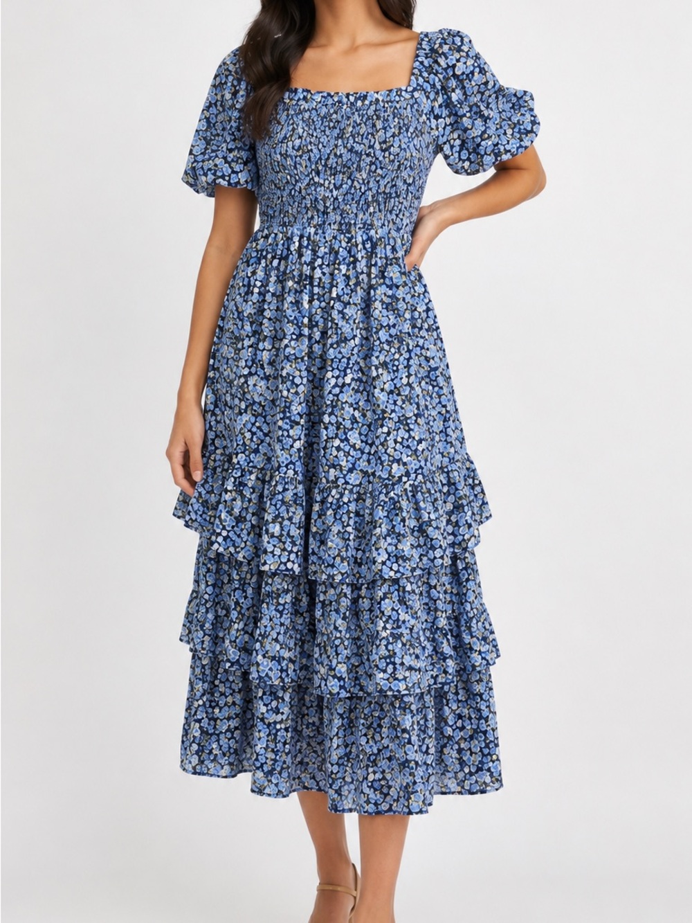 English Factory Blue Floral Smocked Puff Sleeve Tiered Midi Dress M